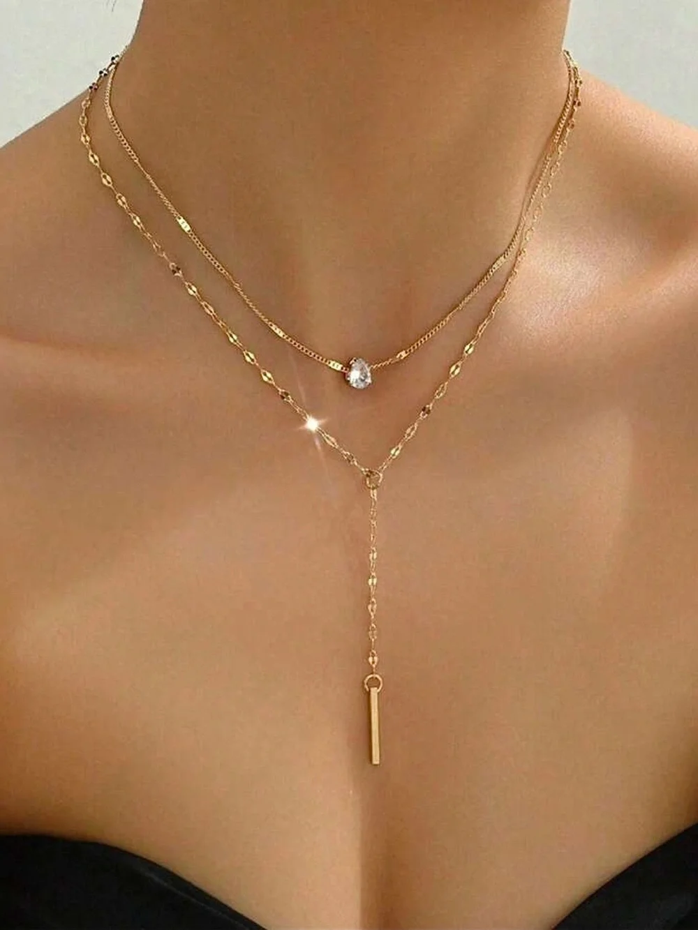 Gold Y-Shaped Double Layer Drop Necklace Set